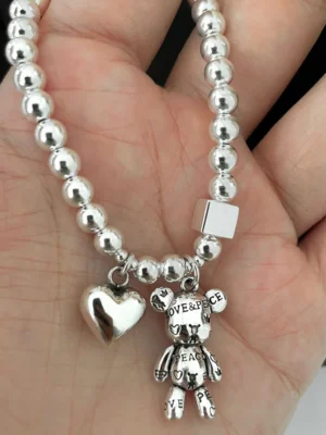 925 Sterling Silver Bracelets for Women String of Beads Accessories Trend Vintage Simple Cute Bear Pendant Party Jewelry